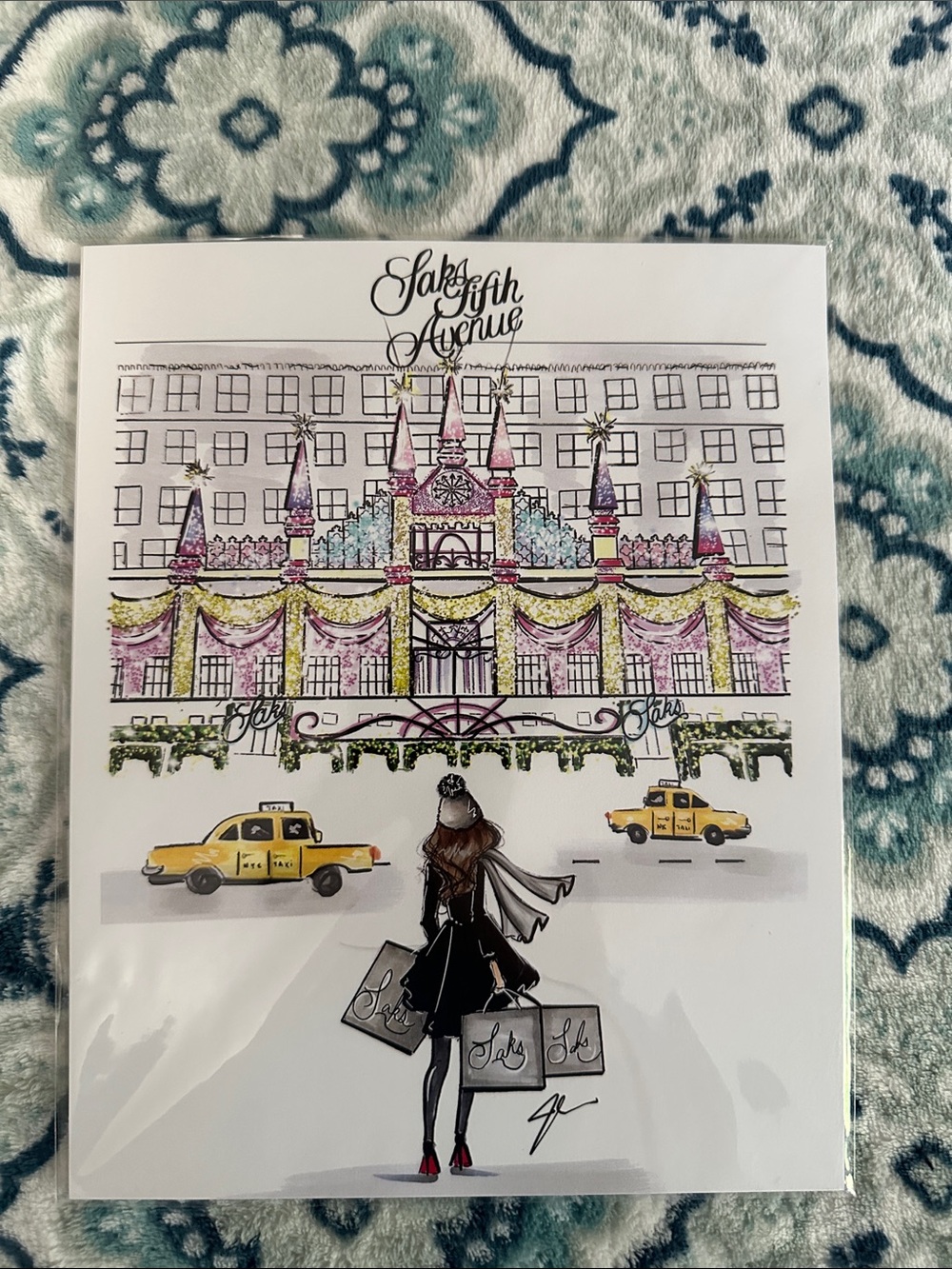 Saks Fifth Avenue Holiday Facade Print in Yellow, Pink, Black
